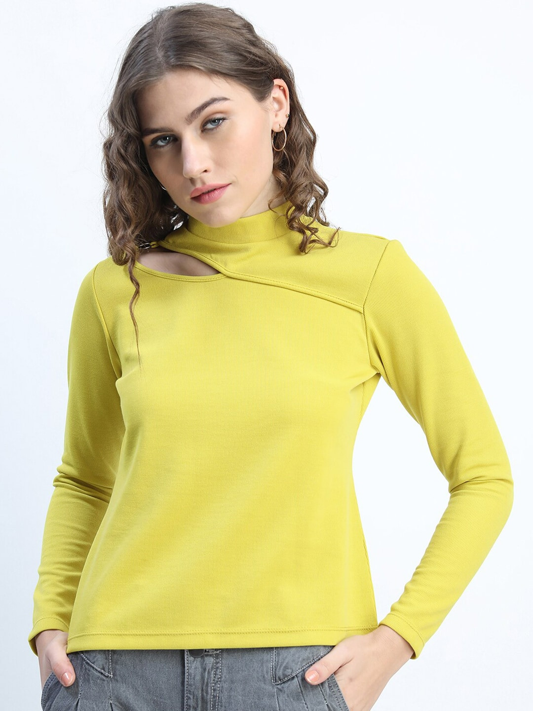 Tokyo Talkies Yellow Solid High Neck Top