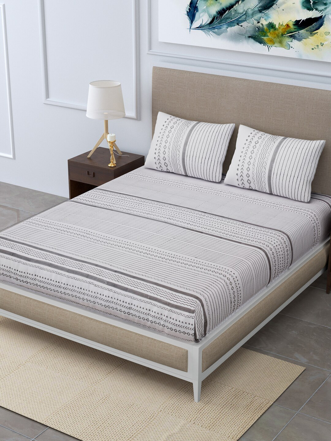 LINENWALAS Happy Sleeping Grey Geometric Cotton 300 TC King Fine Bedsheet with 2 Pillow Covers-100 x 108 inches