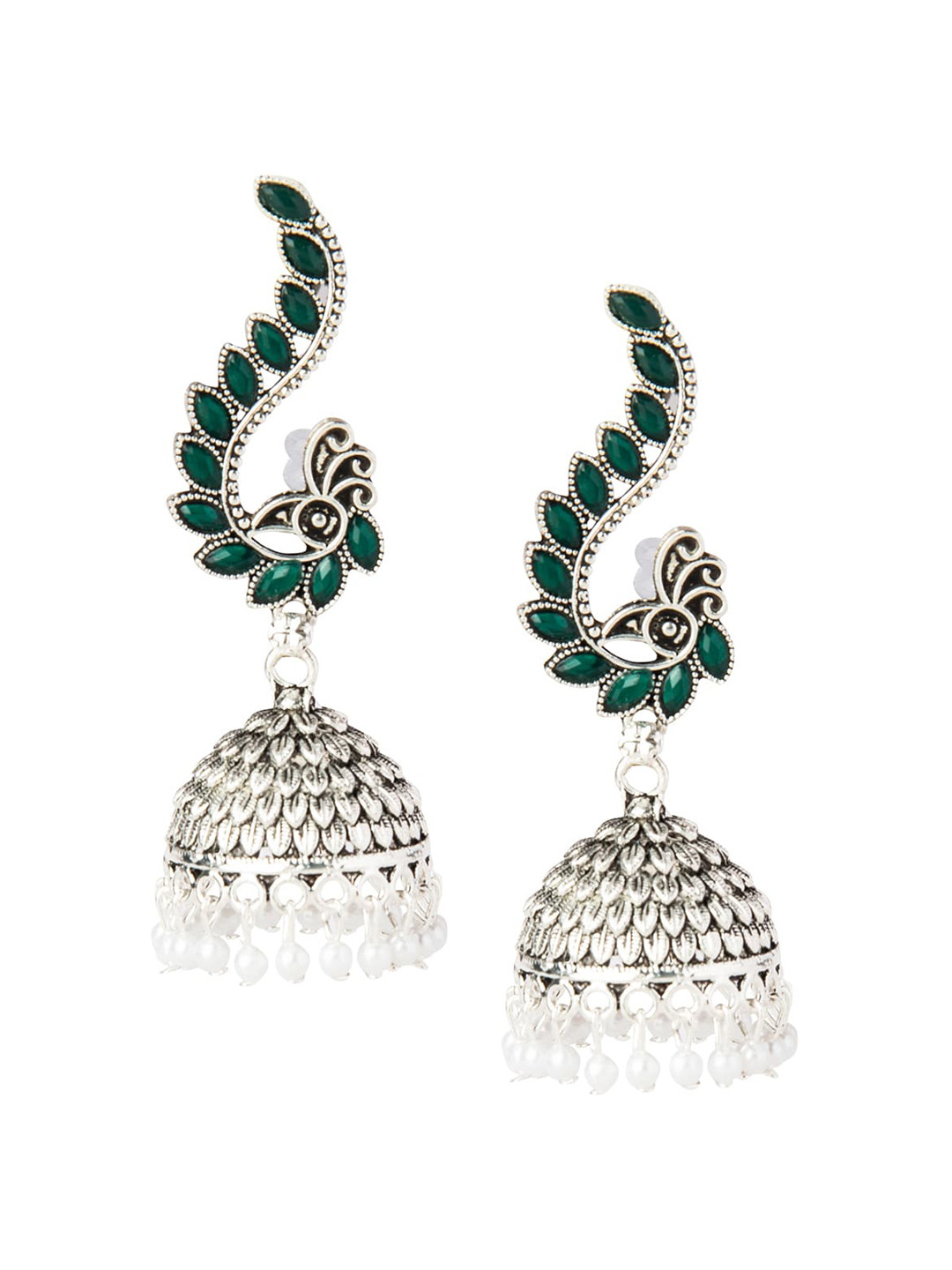 Shining Jewel - By Shivansh Silver-Toned & Green Peacock Shaped Jhumkas Earrings