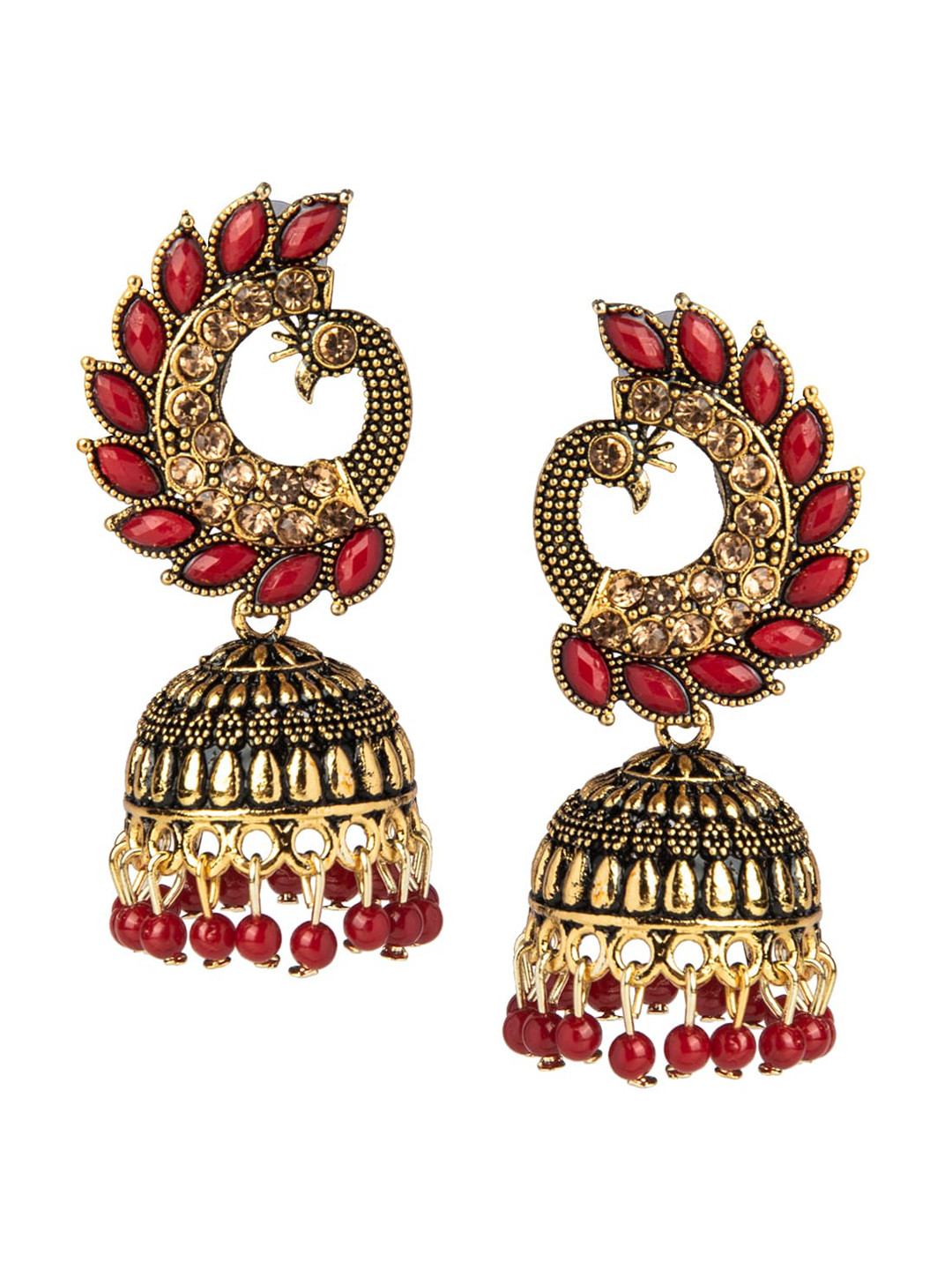 Shining Jewel - By Shivansh Red & Gold-Plated Peacock Shaped Traditional Jhumkas Earrings