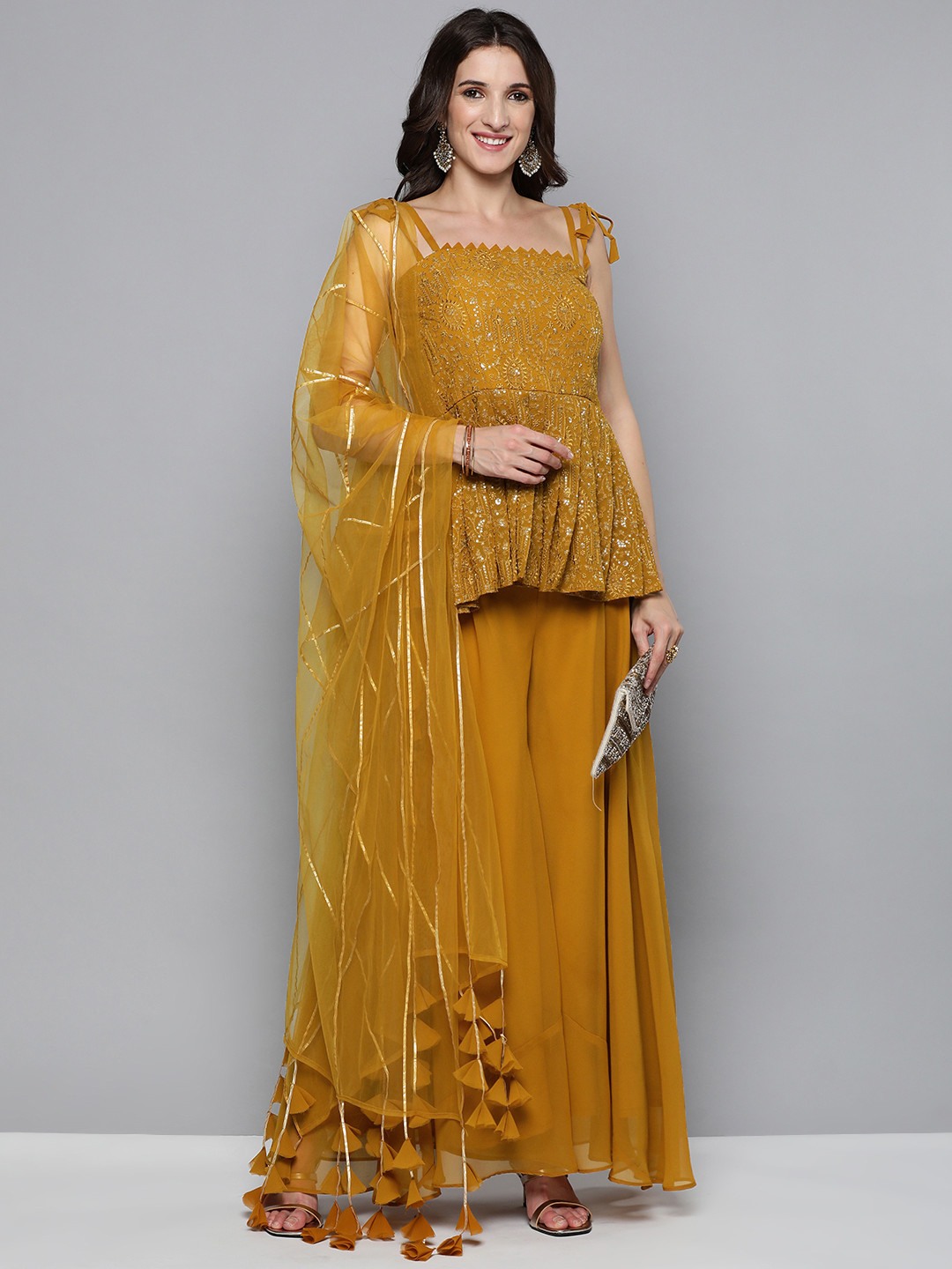 Kvsfab Women Mustard Yellow & Golden Embroidered Pleated Kurti with Palazzos & Dupatta