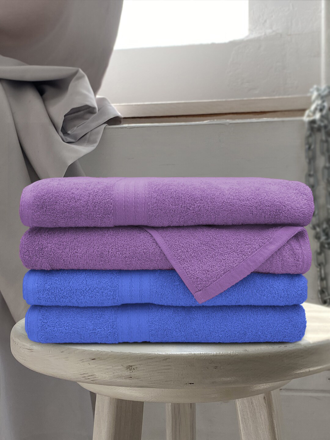 Aura Purple & Blue Set Of 4 Solid 500 GSM Pure Cotton Bath Towels
