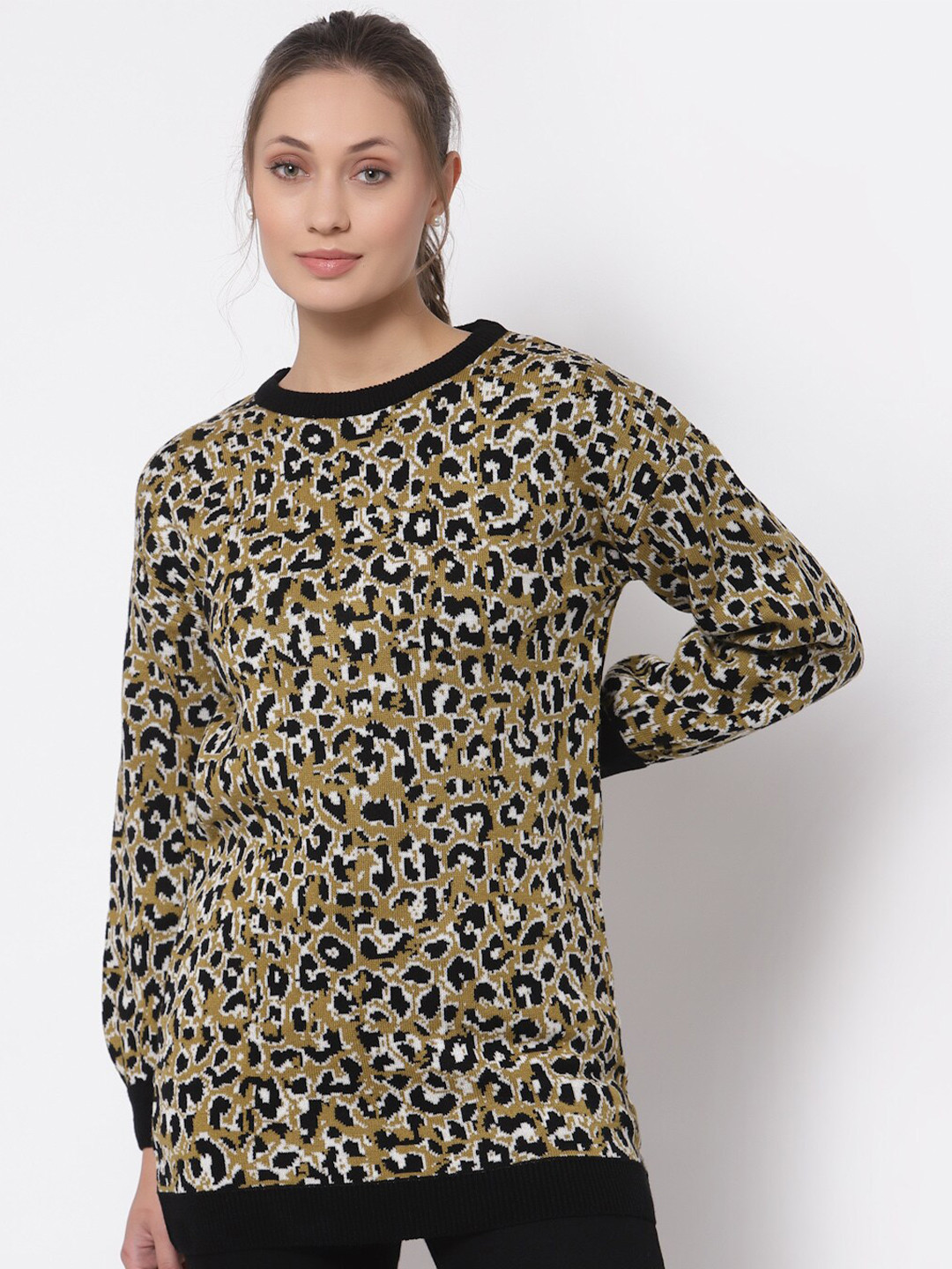 Club York Women Black & Olive Green Animal Printed Acrylic Pullover