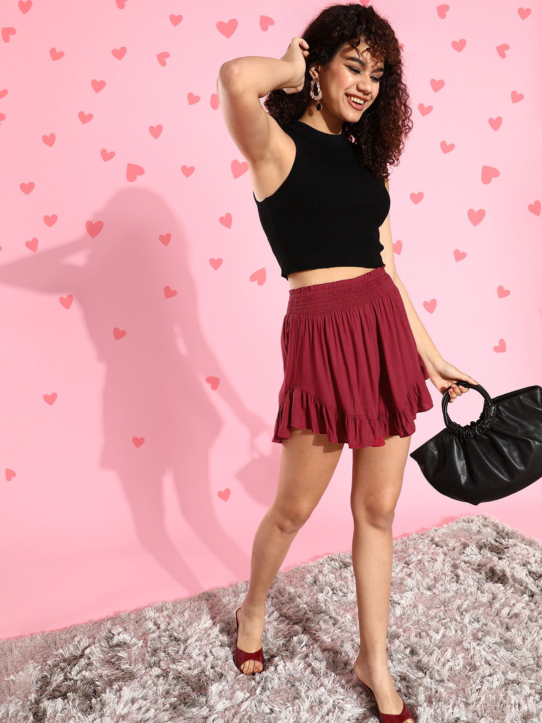 QUIERO Women Deep Maroon Solid Ruffled Shorts