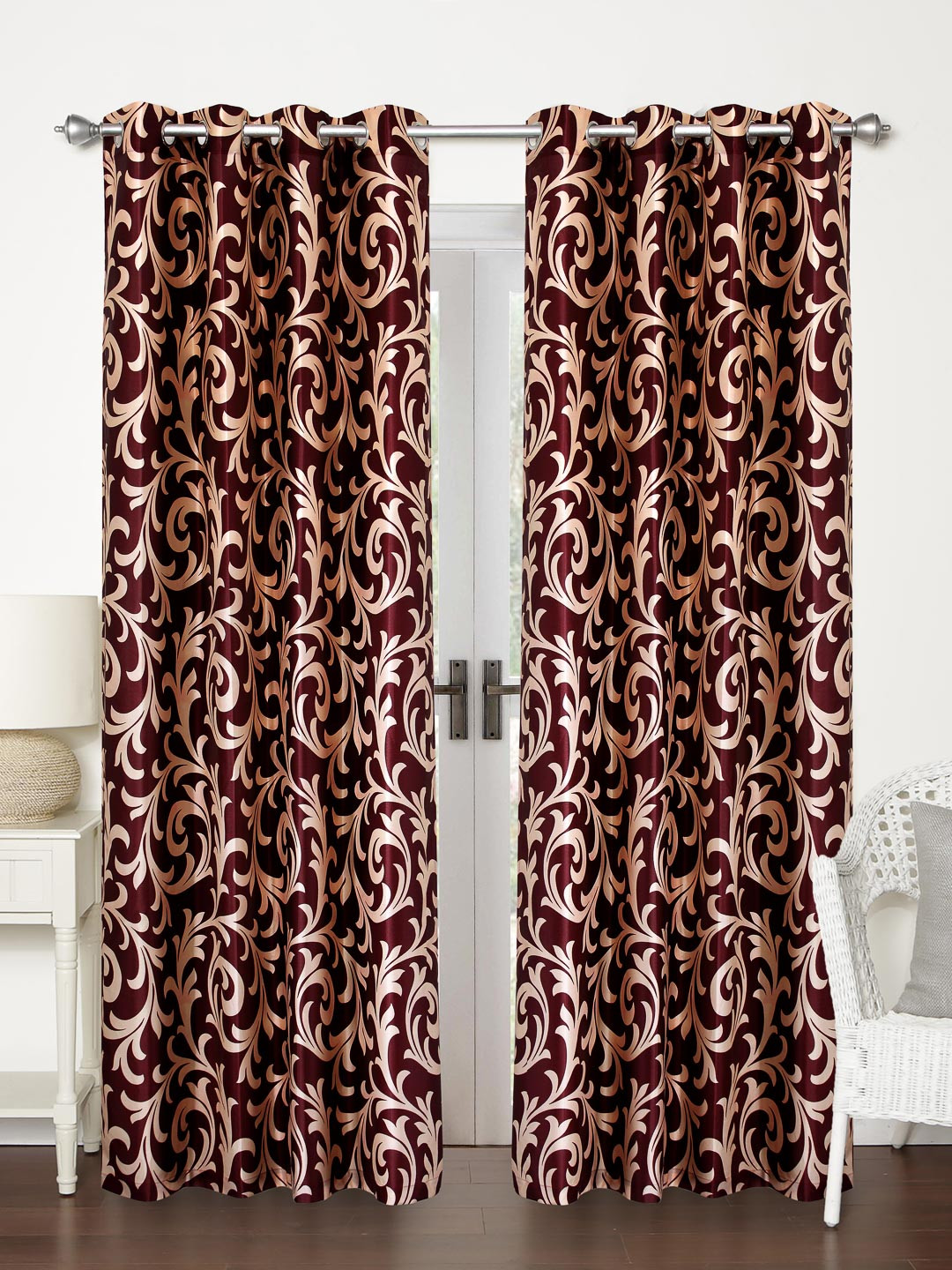 Home Sizzler Maroon & Gold-Toned Set of 2 Printed Regular Long Door Curtains