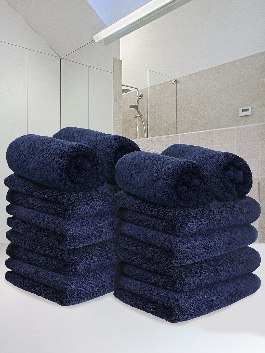 Heelium Navy Blue Unisex Pack of 12 Bamboo Super Soft & Quick Drying Home & Gym Hand Towel