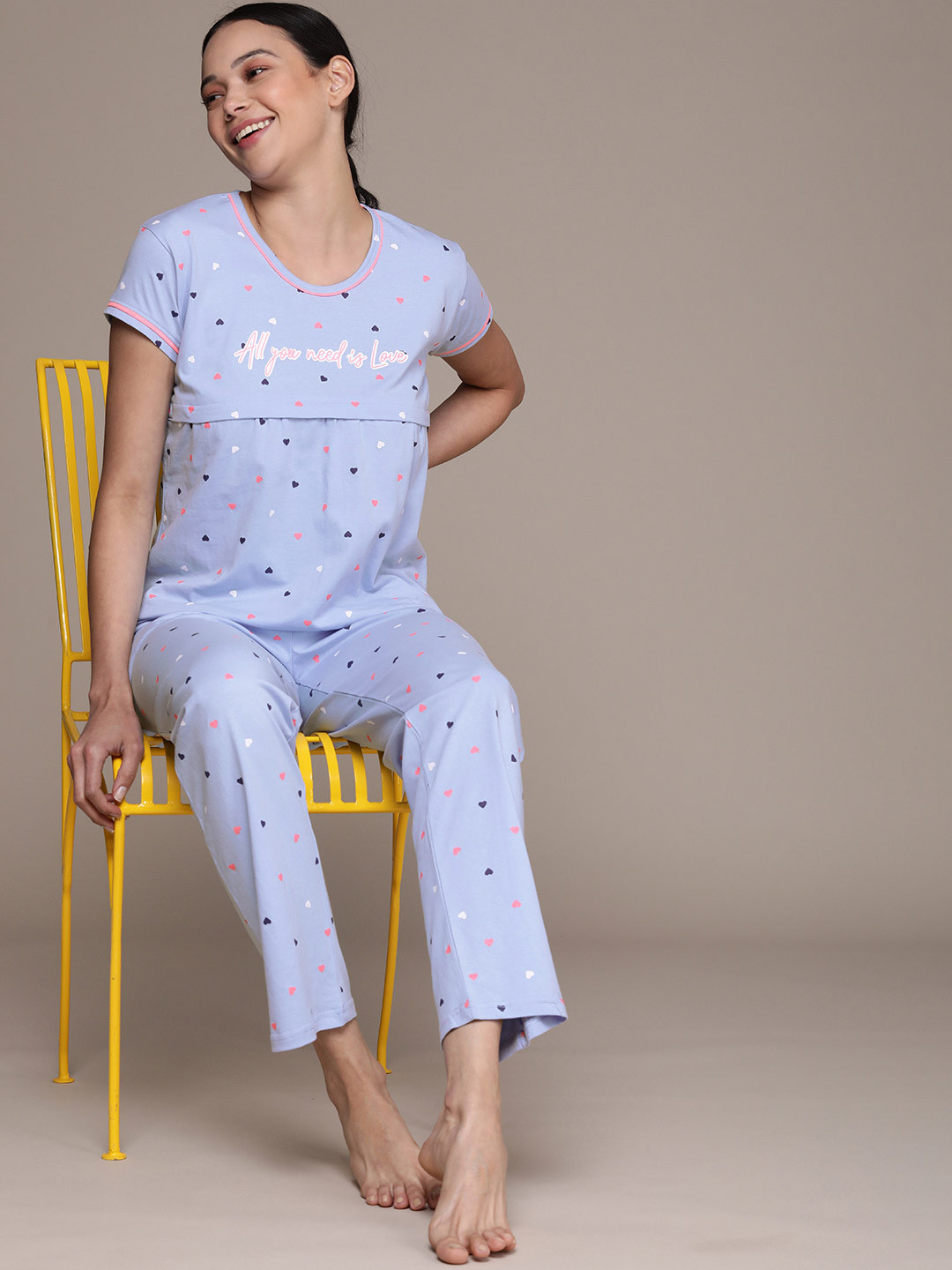 beebelle Women Blue Conversational Printed Maternity & Feeding Pure Cotton Night Suit
