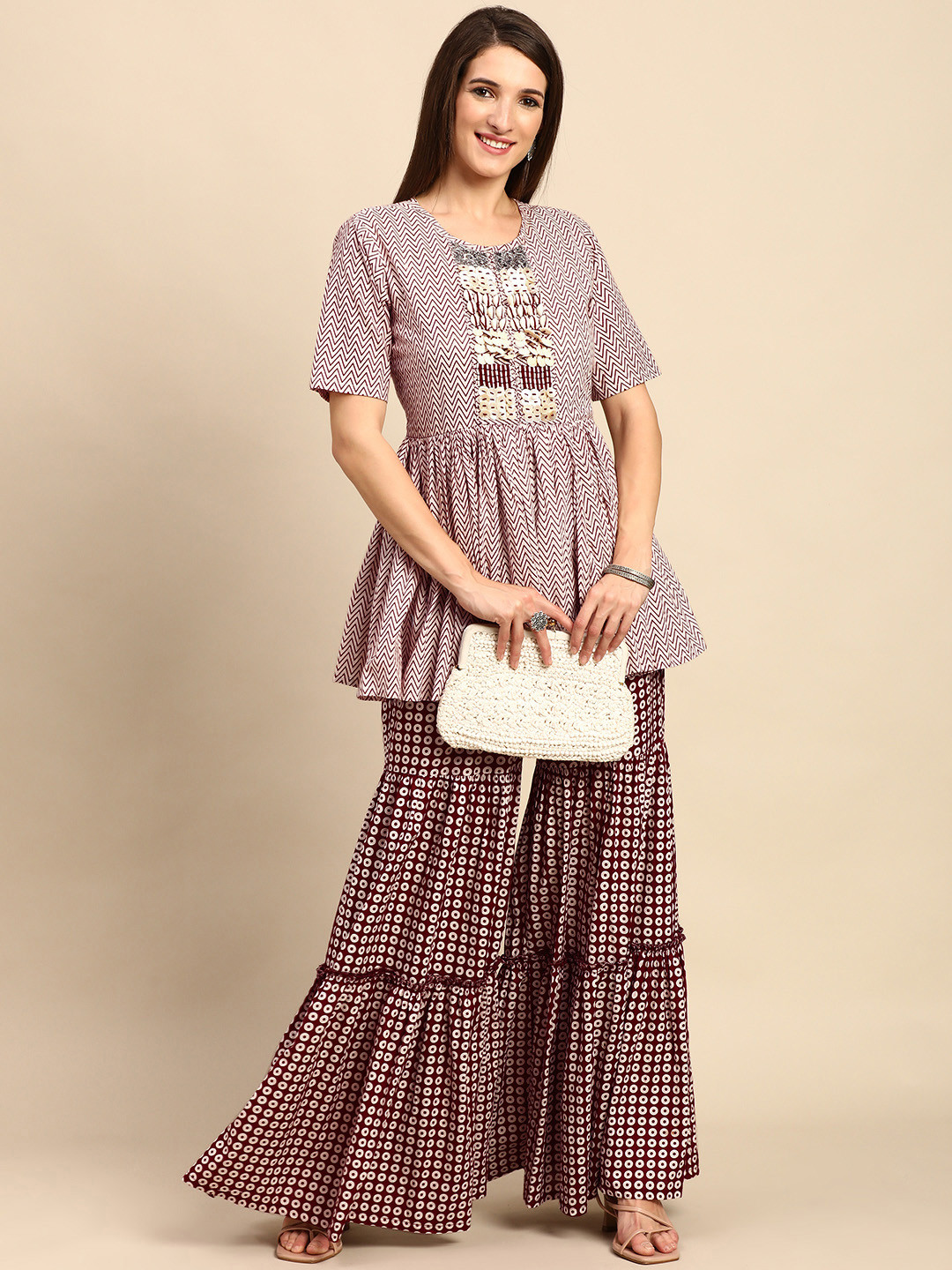 Shaily Women White & Maroon Printed Pure Cotton Kurti with Sharara