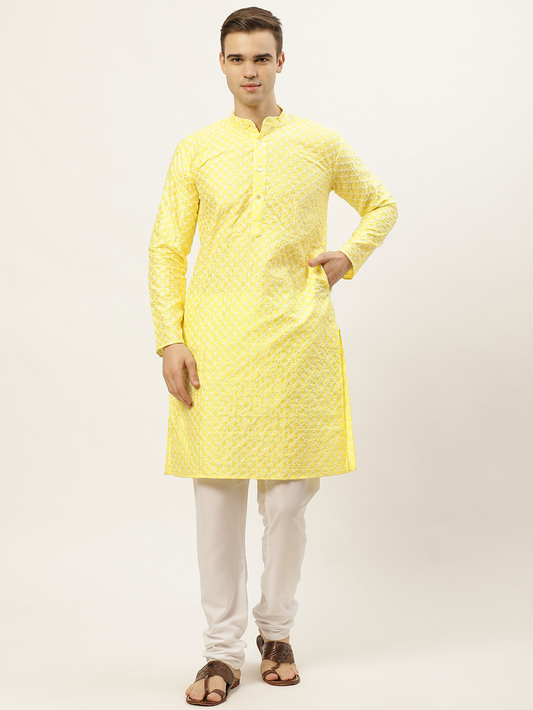 Jompers Men Yellow Chikankari Embroidered Kurta with Churidar