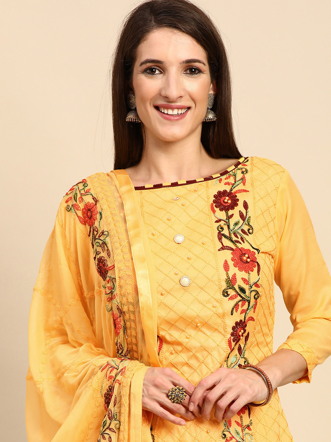 Shaily Yellow & Orange Embroidered Unstitched Dress Material