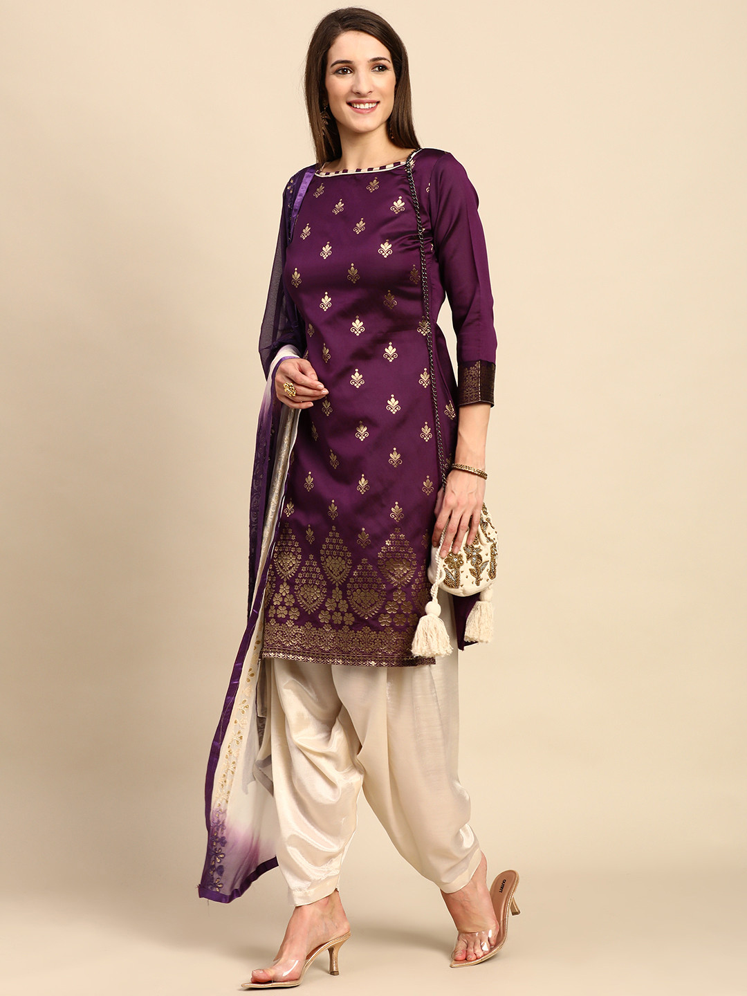 Shaily Burgundy & Cream-Coloured Unstitched Dress Material