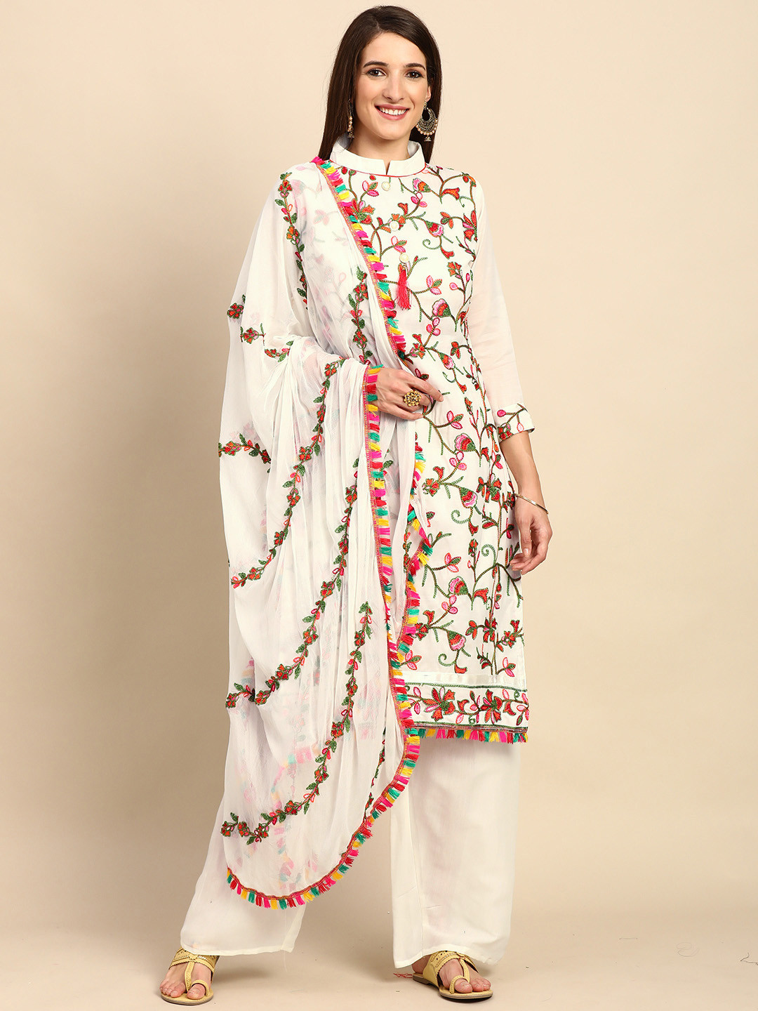 Shaily White & Pink Embroidered Unstitched Dress Material