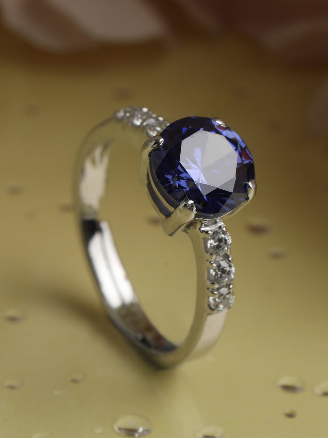 Clara Rhodim-Plated Blue & White CZ Stone Studded Adjustable Ring