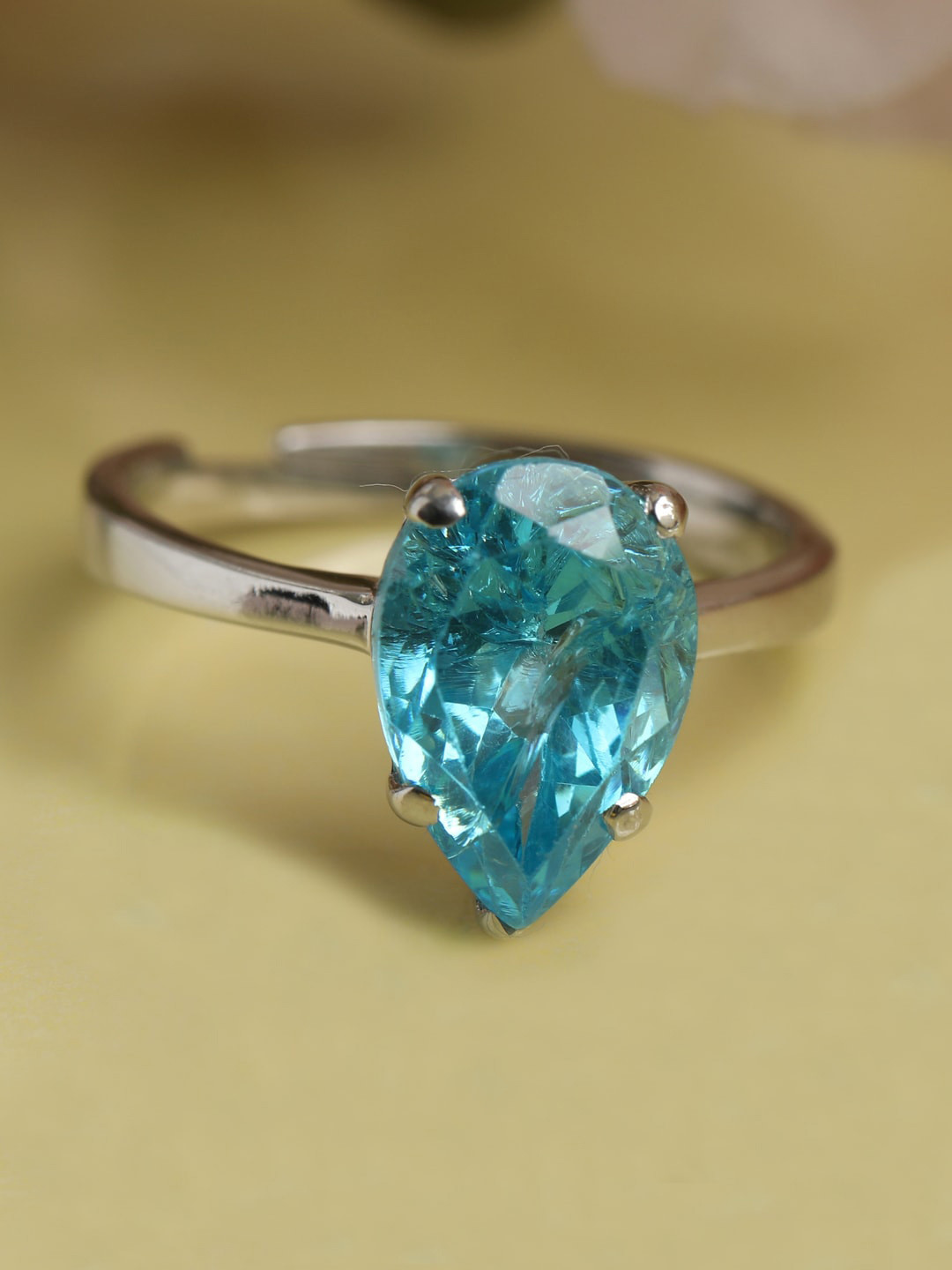 Clara Silver Toned & Blue Pear Shape Stone Adjustable Ring