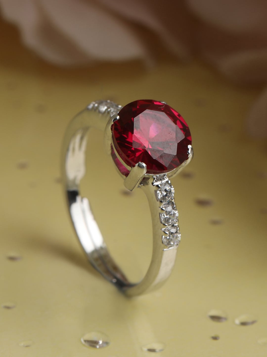 Clara Silver Toned & Red Stone Studded Adjustable Ring