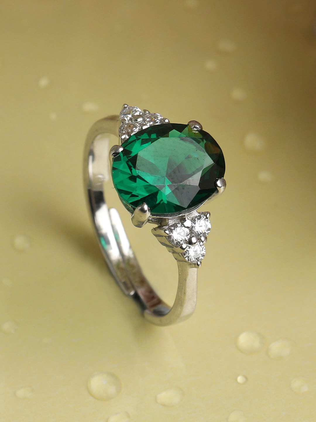 Clara Silver Toned & Green Stone Studded Adjustable Ring