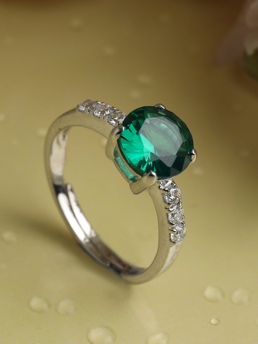 Clara Silver-Toned & Green Cubic Zirconia Stone Studded Adjustable Finger Ring