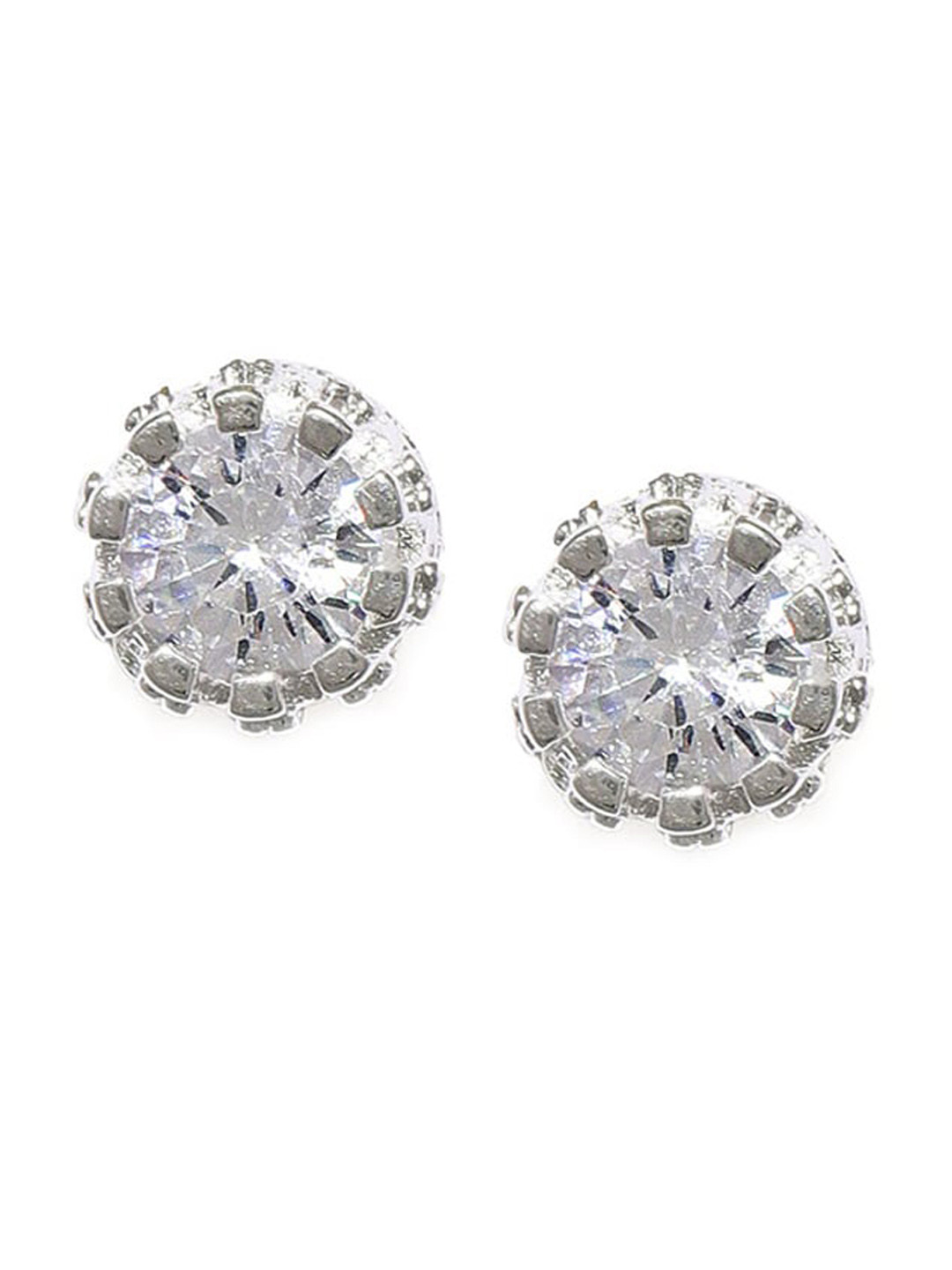 OOMPH Silver-Toned Circular Crown Shape Solitaire Studs Earrings