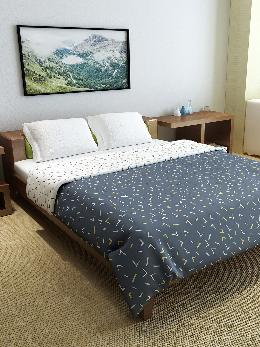 Divine Casa Navy Blue & White Geometric Microfiber AC Room 150 GSM Double Bed Comforter