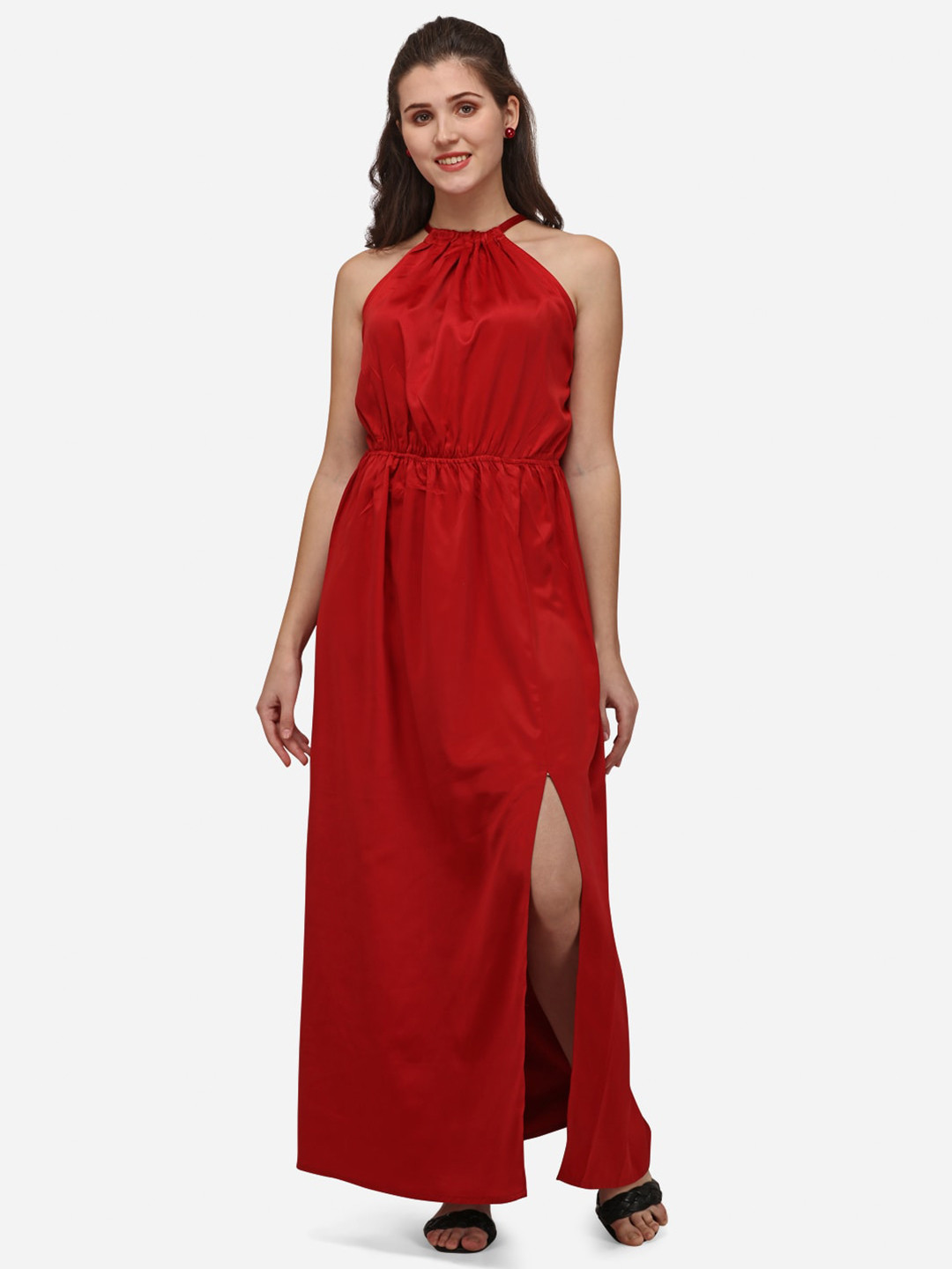 Smarty Pants Woman Maroon Halter Neck Satin Maxi Dress