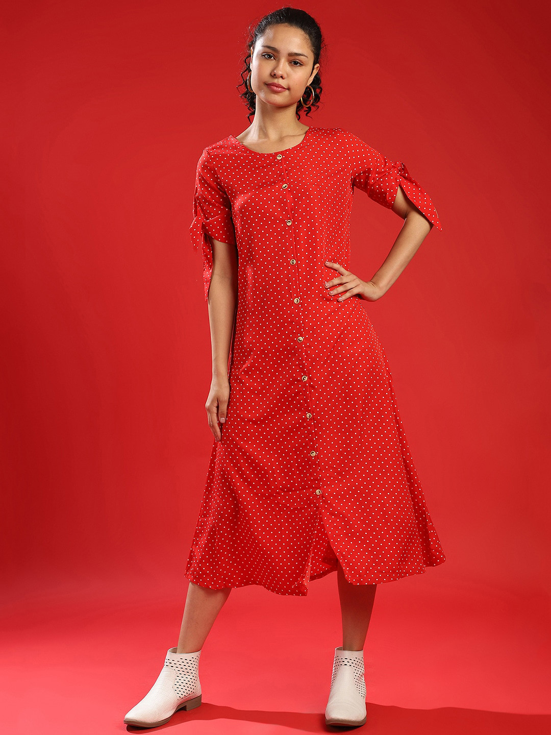 Campus Sutra Red & White Net A-Line Midi Dress