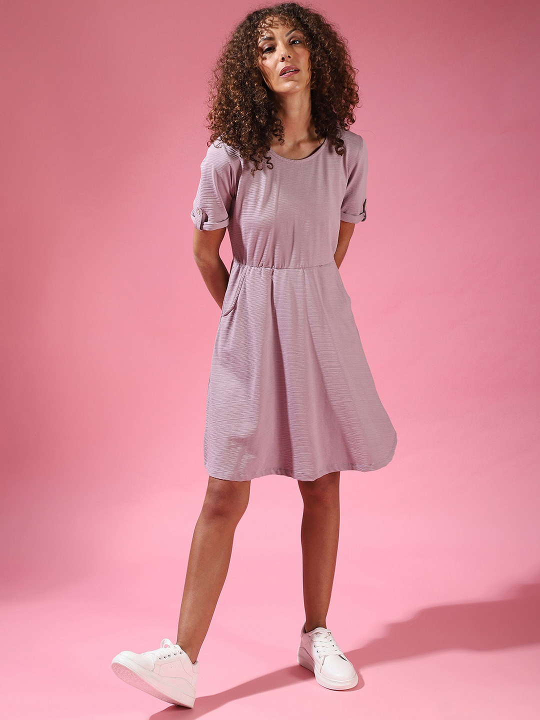 Campus Sutra Lavender Solid Knee Length Dress