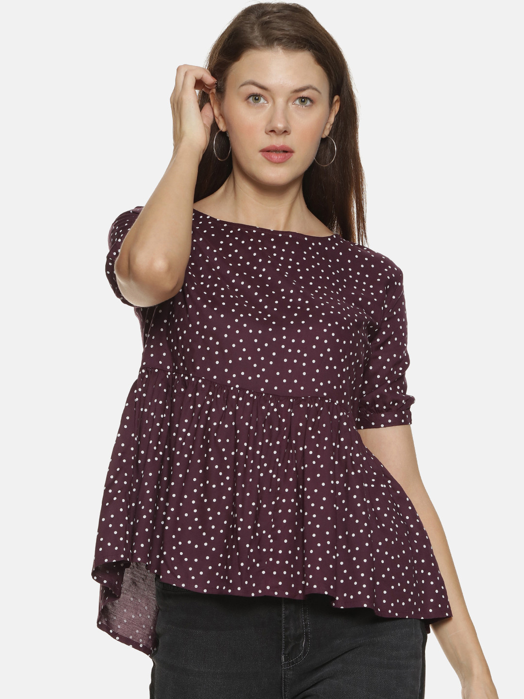 Campus Sutra Brown & White Printed Round Neck Peplum Top