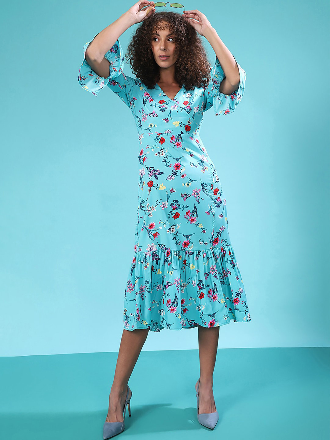 Campus Sutra Woman Blue Floral Drop-Waist Midi Dress