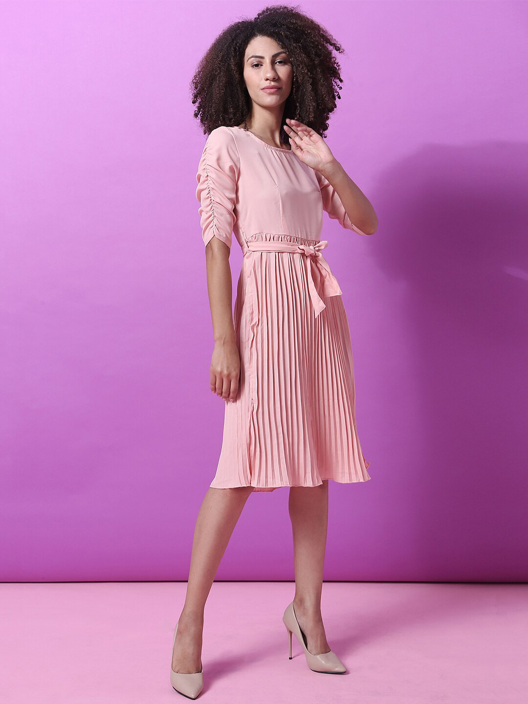 Campus Sutra Peach-Coloured Crepe A-Line Dress