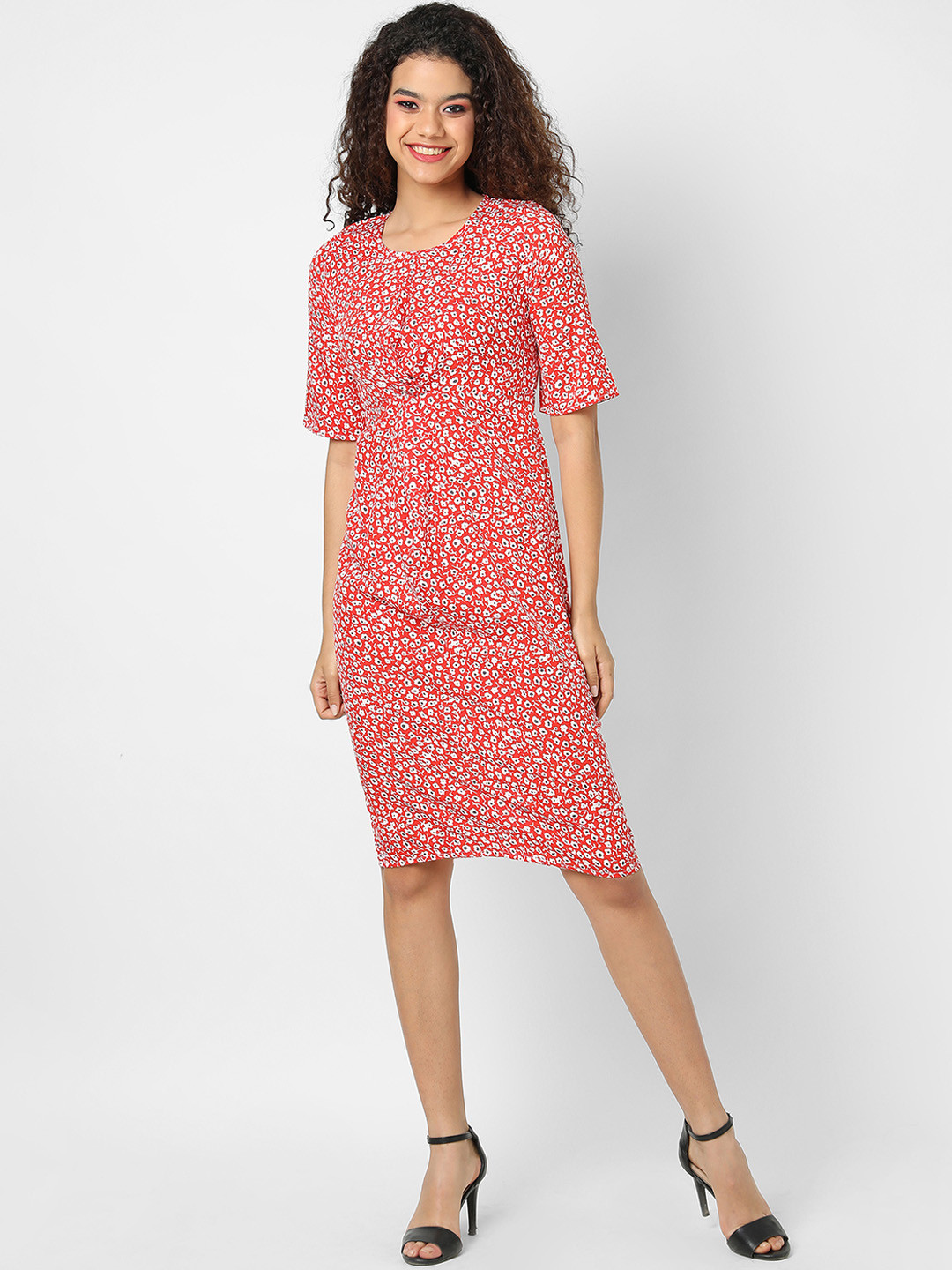 Campus Sutra Red Animal Net Sheath Midi Dress