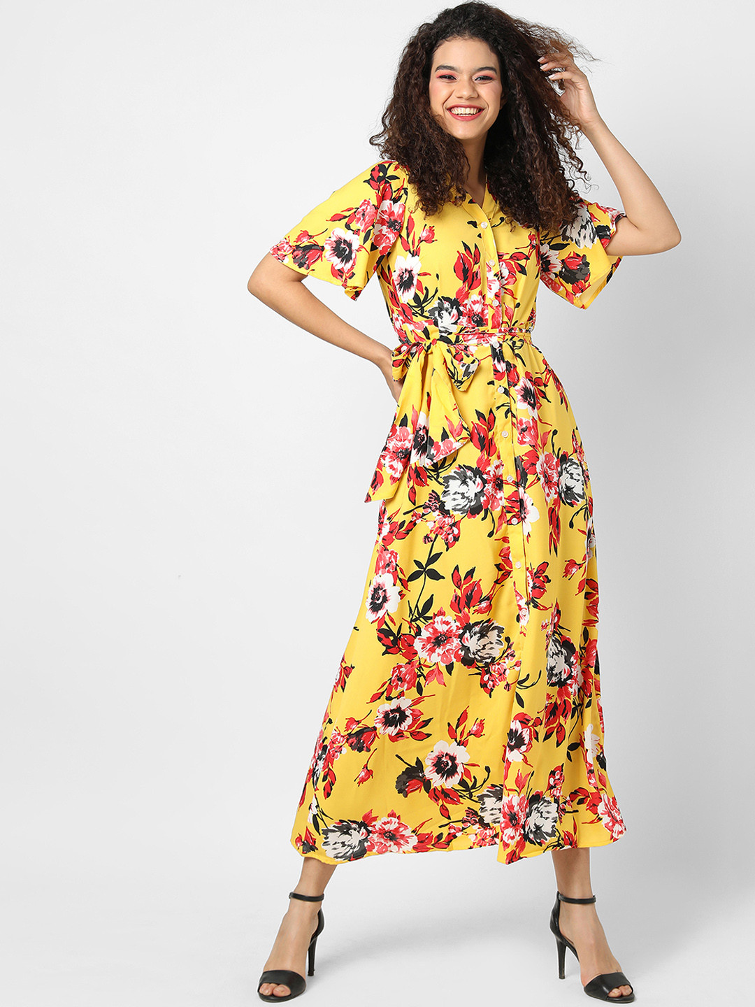 Campus Sutra Women Yellow & Red Floral Maxi Shirt Dress