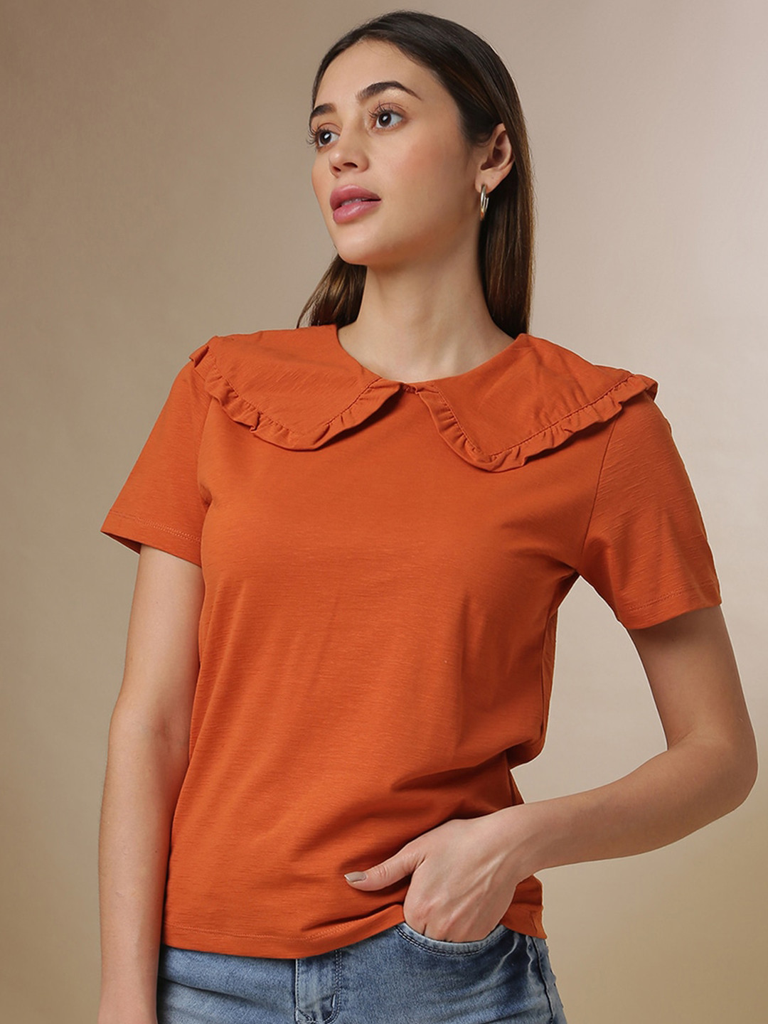 Campus Sutra Rust Peter Pan Collar Top