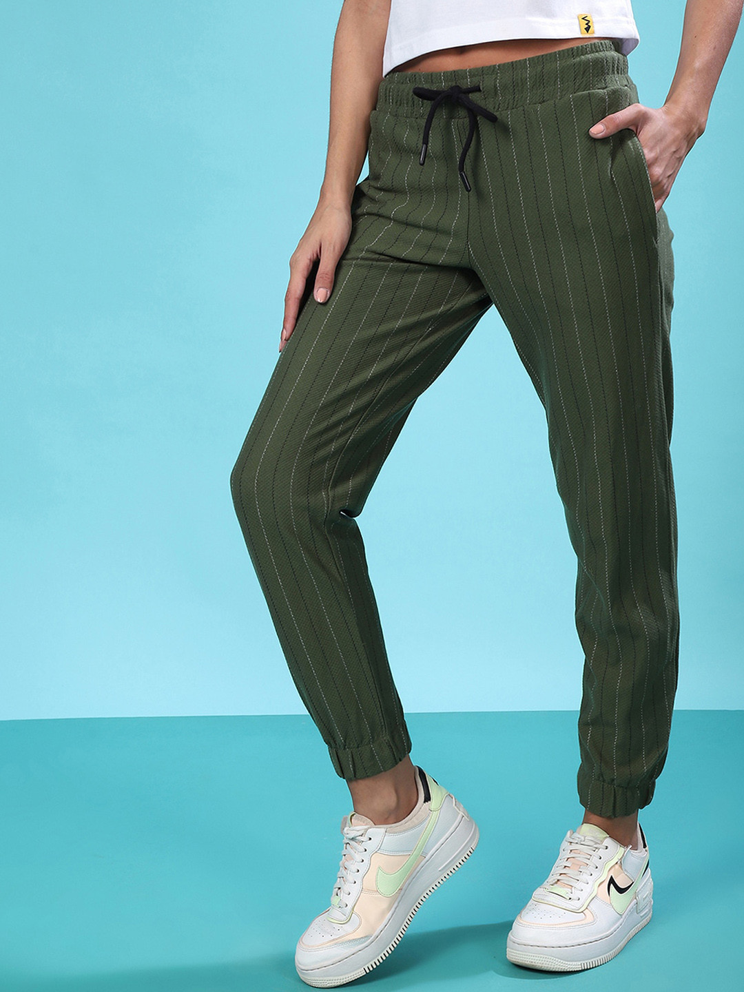 Campus Sutra Woman Green Striped Cotton Joggers