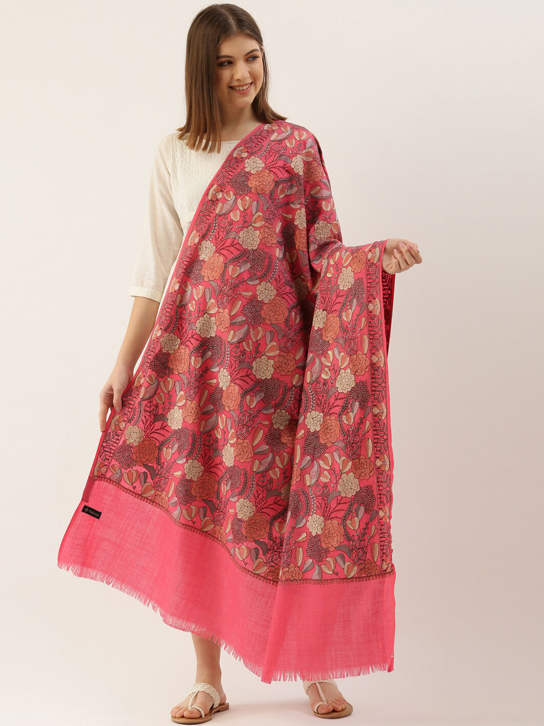 Pashmoda Women Pink & Grey Embroidered Woolen Shawl