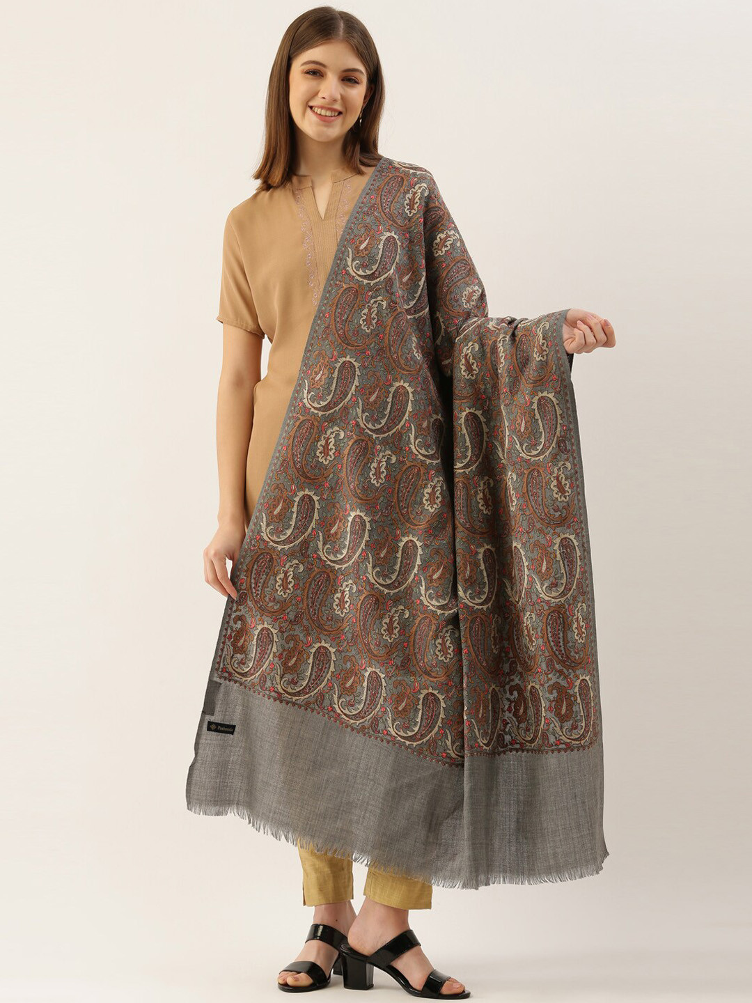 Pashmoda Women Grey Melange & Brown Embroidered Woolen Shawl