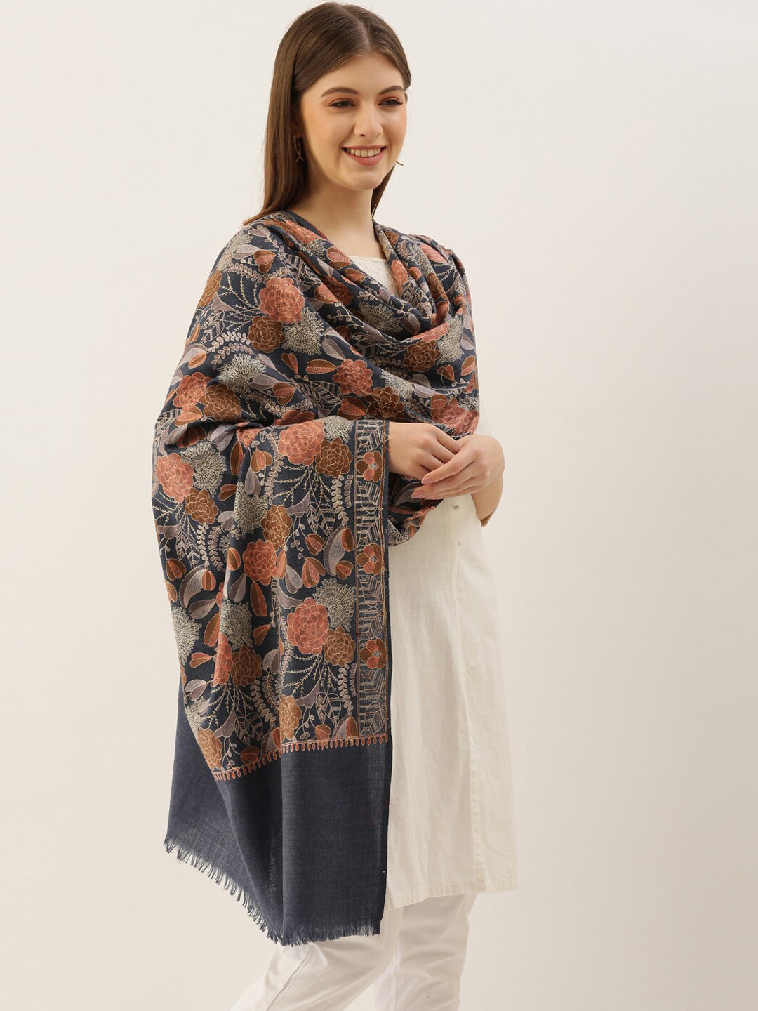 Pashmoda Women Blue & Grey Embroidered Woolen Shawl