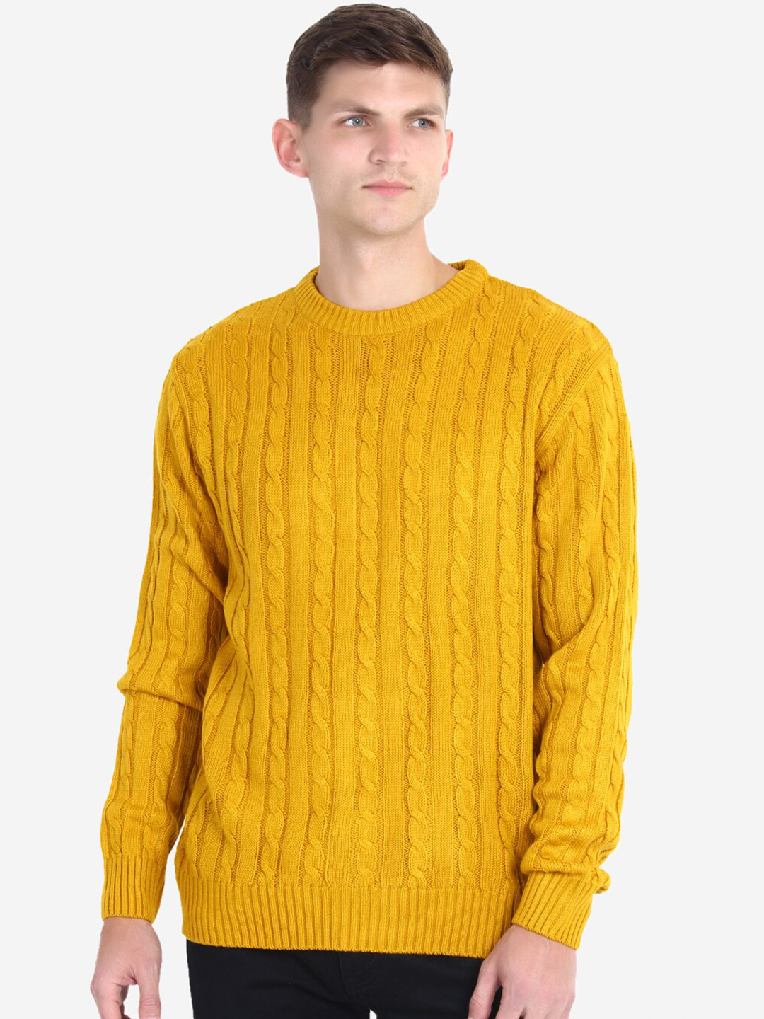 JoE Hazel Men Yellow Cable Knit Acrylic Pullover
