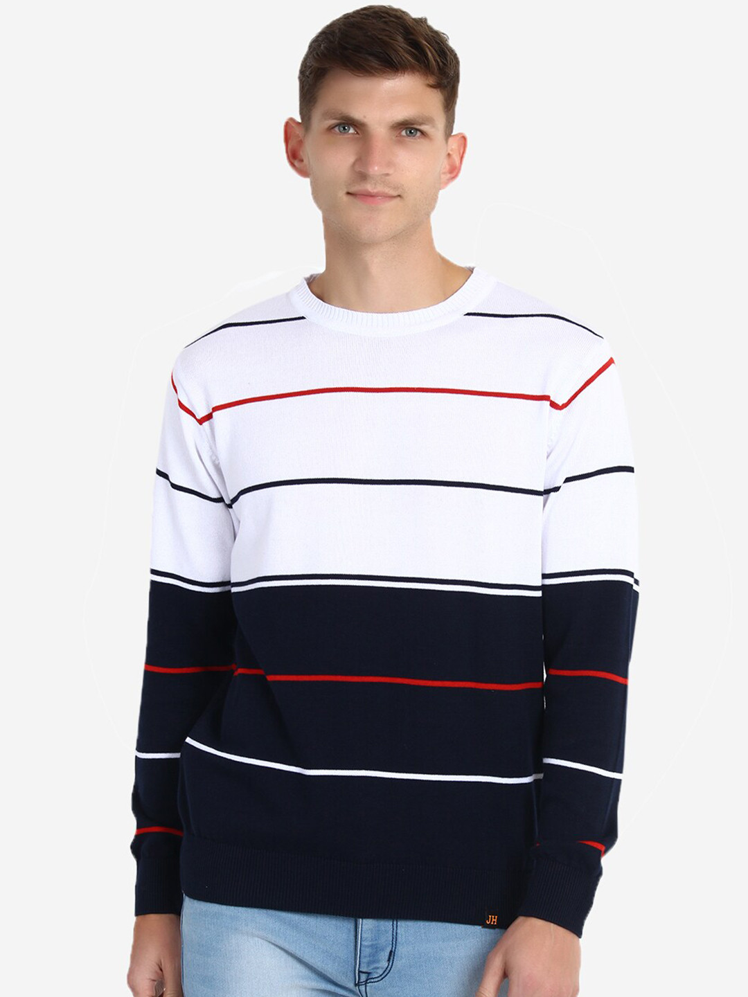 JoE Hazel Men White & Red Striped Pullover