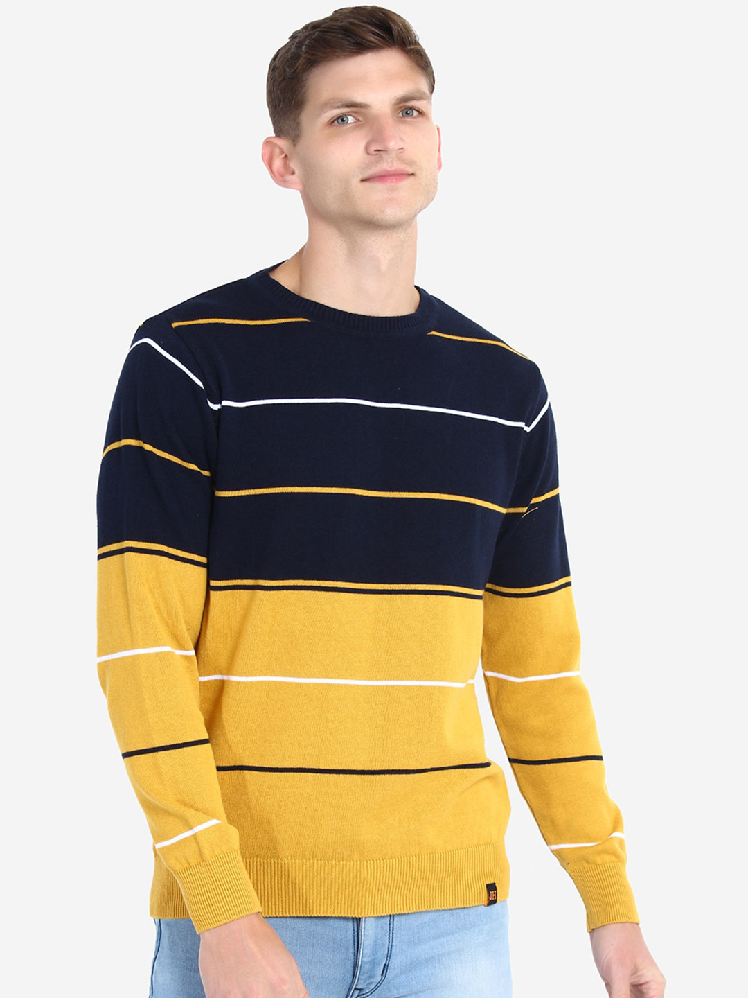 JoE Hazel Men Yellow & Navy Blue Striped Pullover