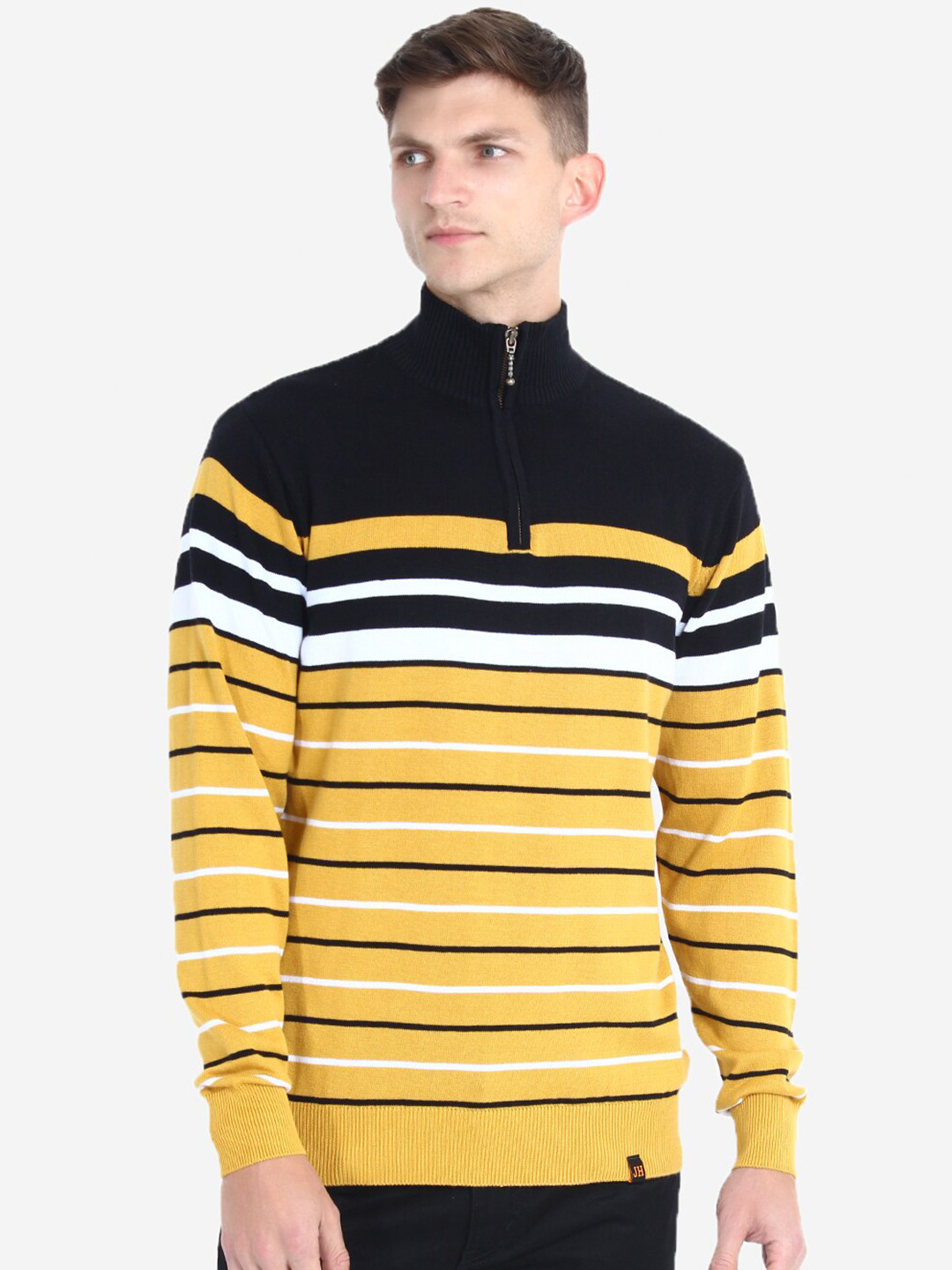 JoE Hazel Men Yellow & Black Striped Pullover with Zip Detail