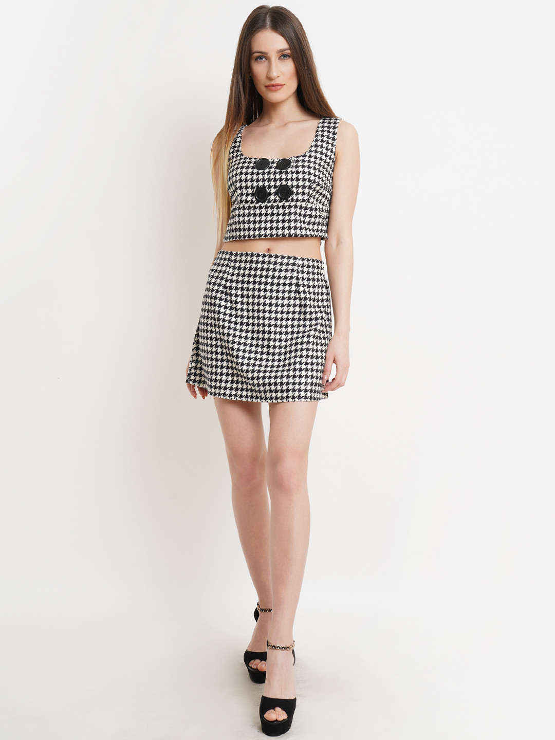 Purple State Women Black & White Checked Top with Skirt