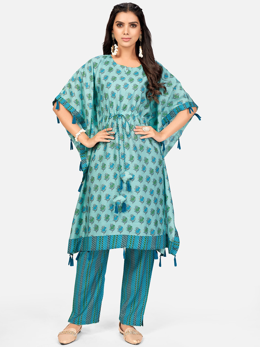 Vbuyz Women Turquoise Blue & Green Ethnic Motifs Foil Printed Kurta with Palazzos