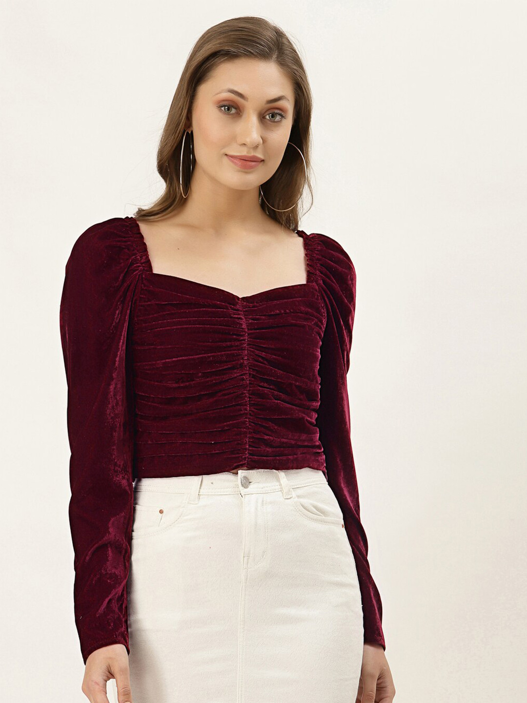 BLANC9 Women Maroon Sweetheart Neck Velvet Crop Top