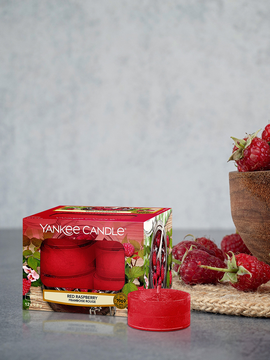 YANKEE CANDLE 12Pcs Scented 1 Wick Red Raspberry Solid Round Regular Tea Light Candles