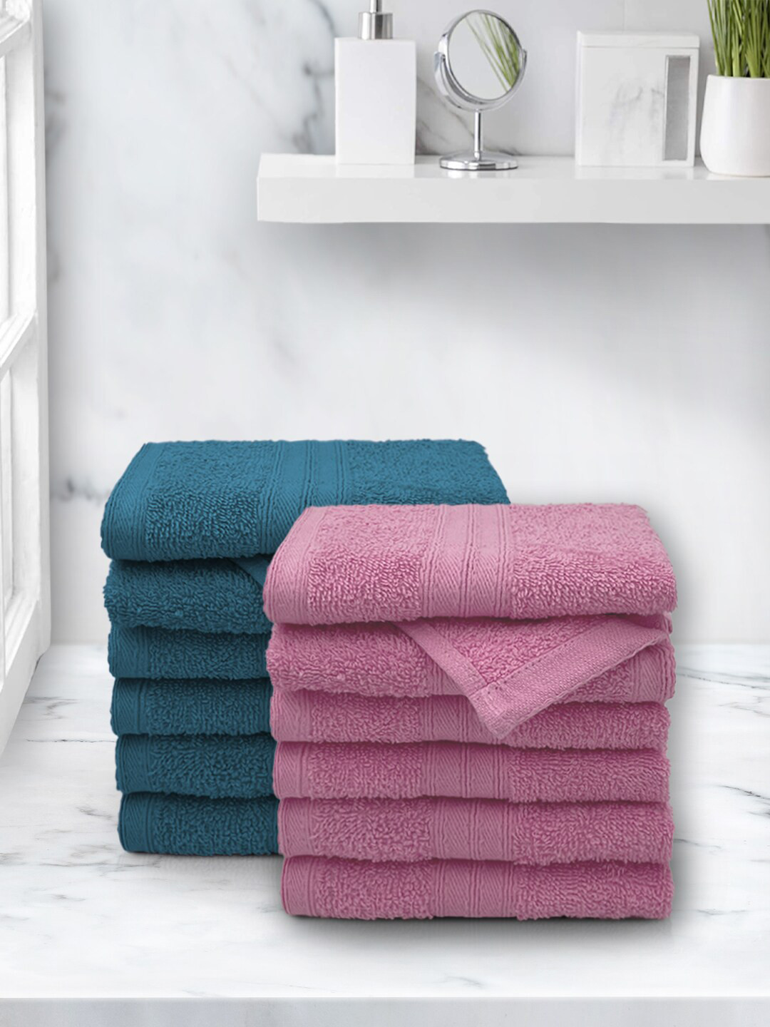 Aura Teal & Pink Anatolia 12 Piece 100% Cotton Face Towel Set in 500 GSM