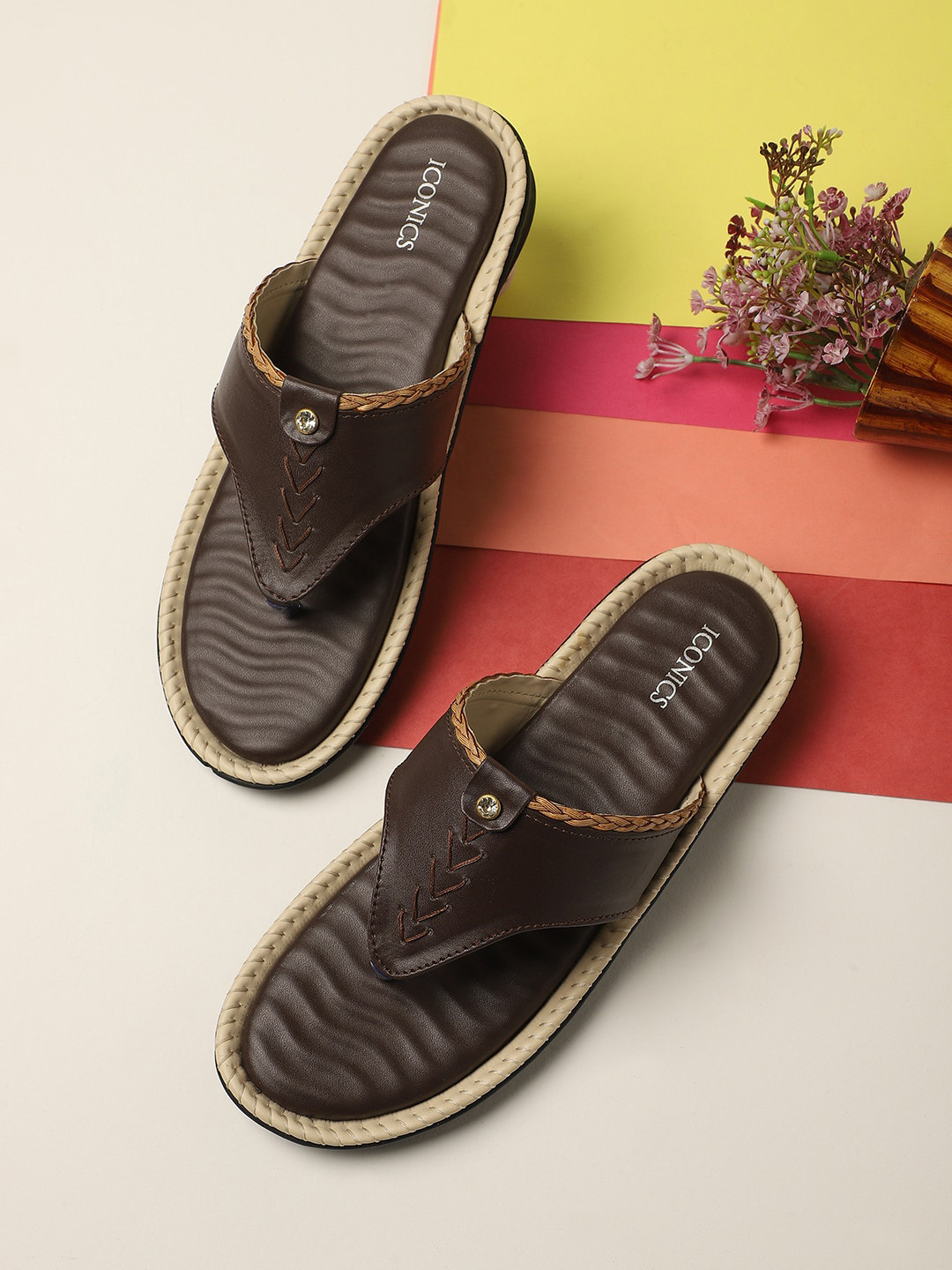 ICONICS Women Brown Solid T-Strap Flats