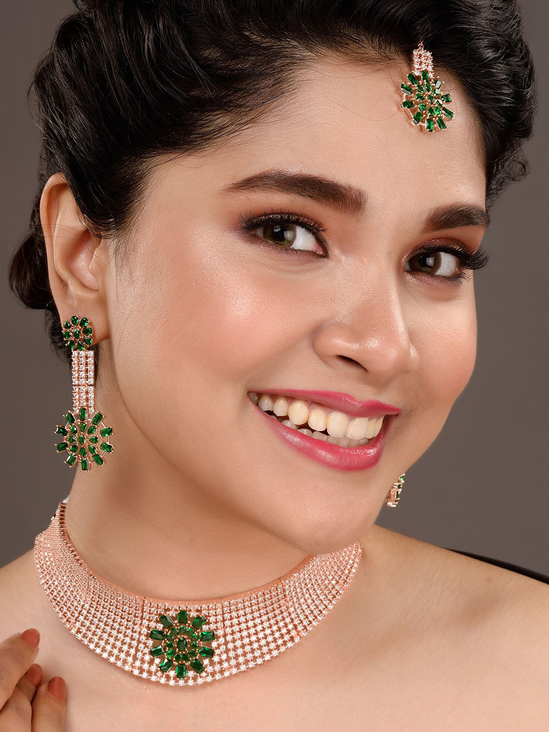 Saraf RS Jewellery Rose Gold Toned Green AD Studded Contemporary Choker Jewellery Set