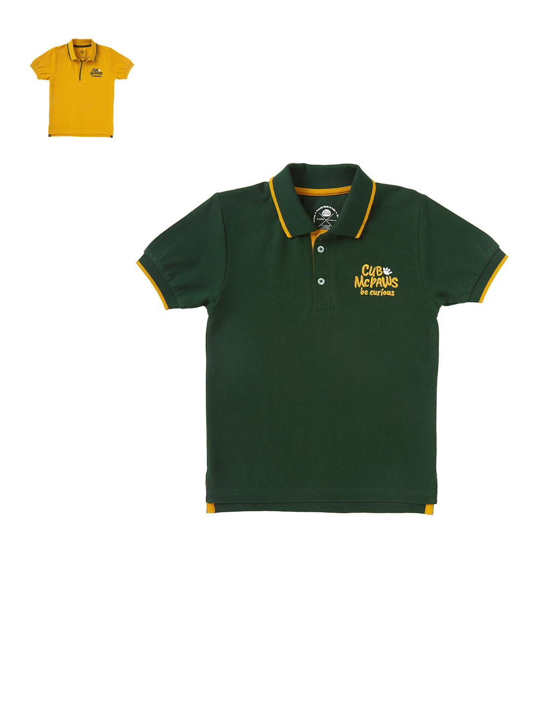 Cub McPaws Boys Pack of 2 Olive Green & Mustard Yellow Cotton Polo Collar T-shirts