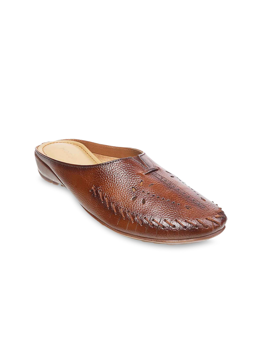 Mochi Women Tan Mules with Laser Cuts Flats