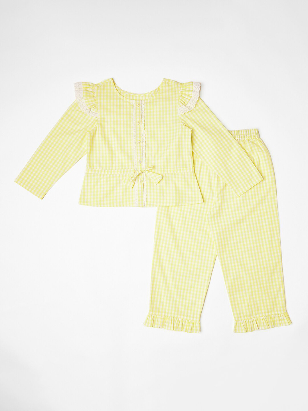 BLANC9 Girls Yellow & White Checked Pyjama Set